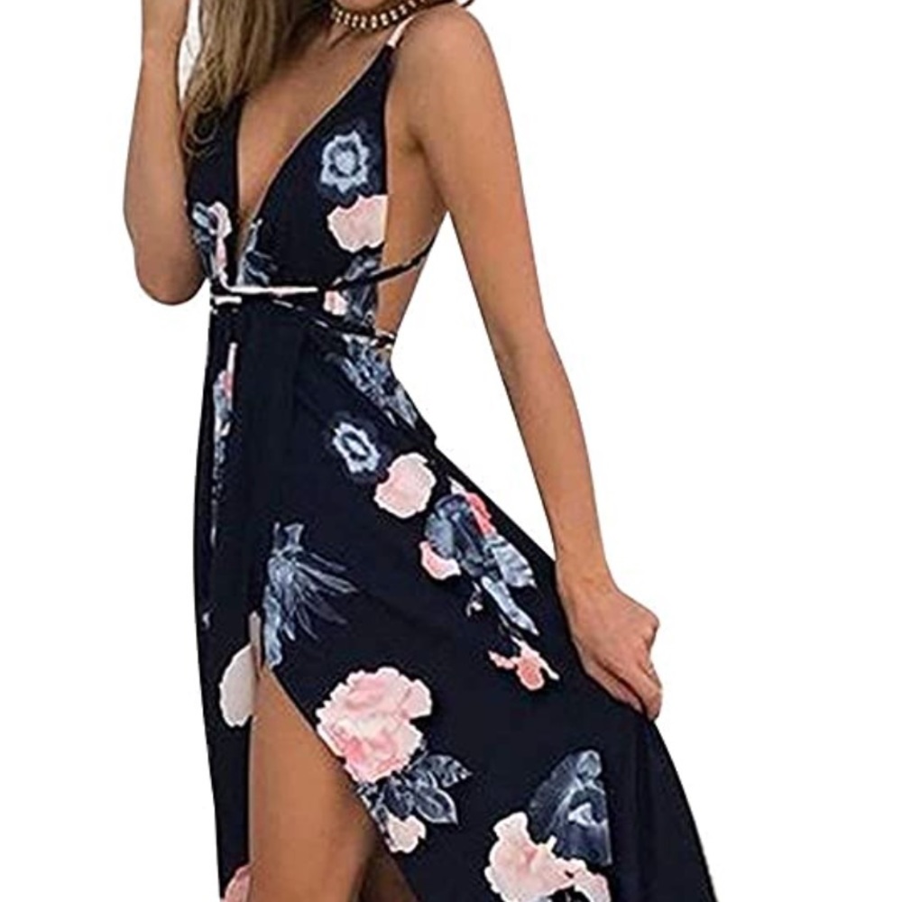 Blue floral, strappy maxi dress